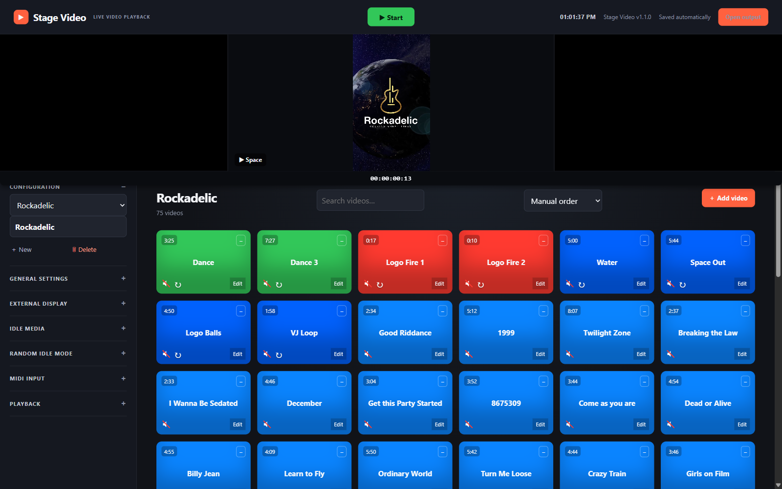 Live Video's cue board, showing a grid of color-coded video cues with a live preview above them