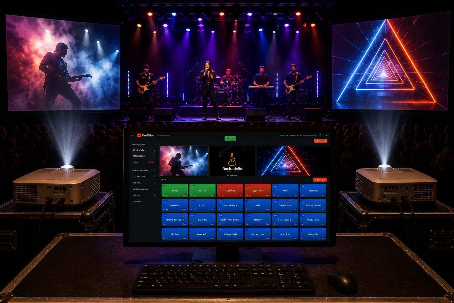 A Live Video board running on a laptop between two stage projectors, throwing synced footage onto screens on either side of a live band